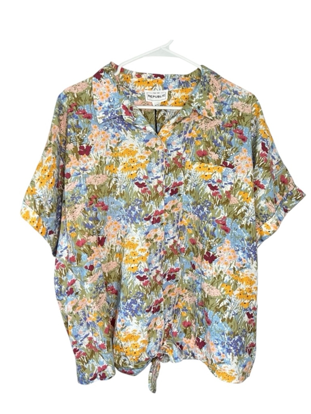 For the Republic Multicolor Floral Tie Hem Button Down Short Sleeve Shirt XL